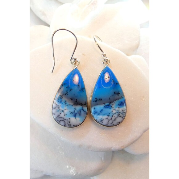 Blue Crazy Lace Agate Sterling Silver Earrings Dangle Drop - Picture 1 of 4